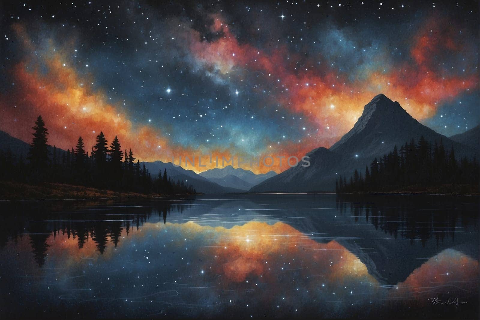 A realistic painting depicting a mountain reflected in water under a starry night sky.
