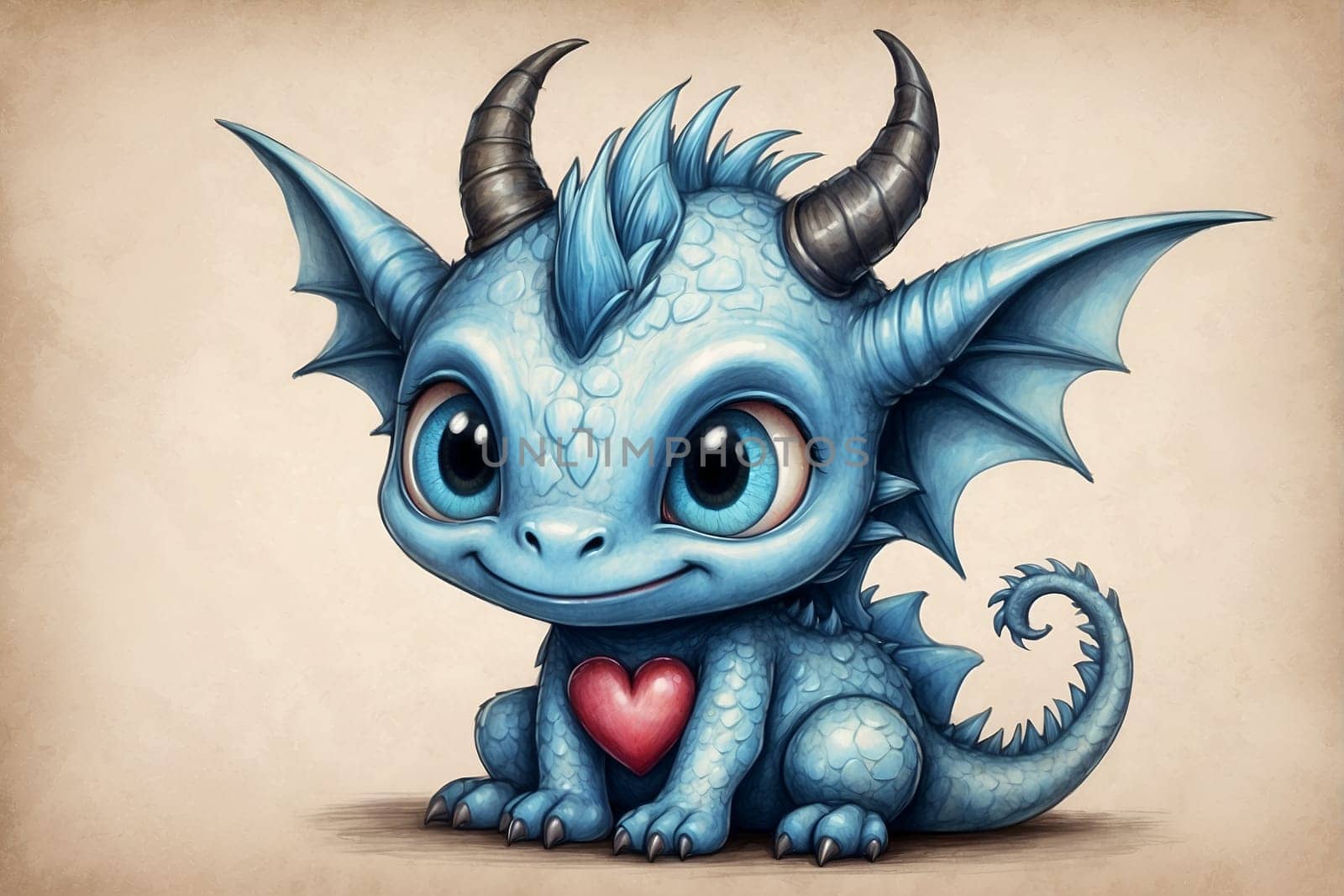 A blue, horned dragon with a heart-shaped marking on its chest.