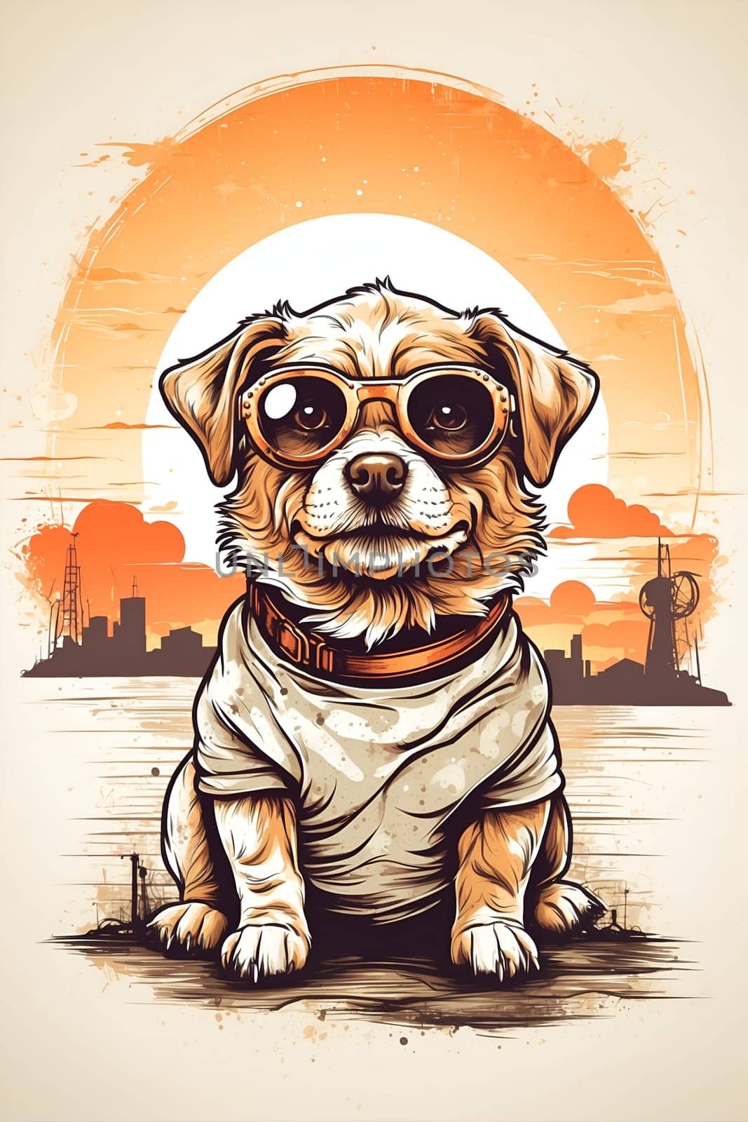 Dog Wearing Sunglasses Sitting in Front of a Sunset. Generative AI. by artofphoto