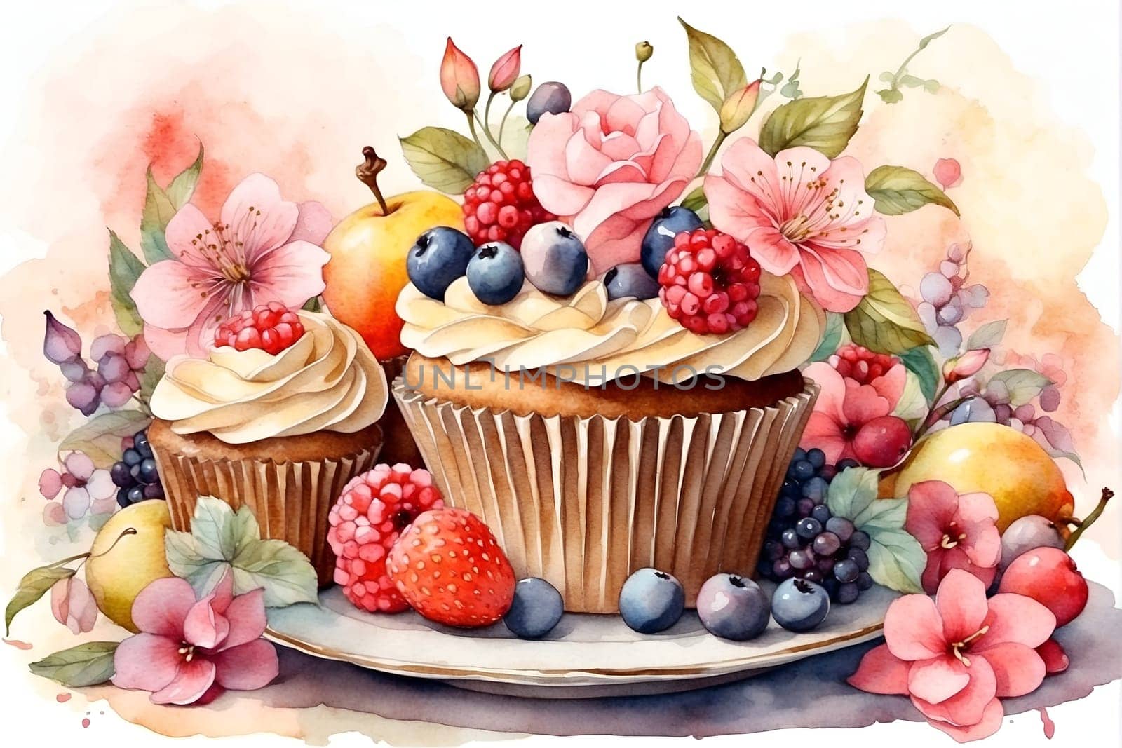 Painting of a Colorful Cupcake With Fruit Toppings. Generative AI. by artofphoto