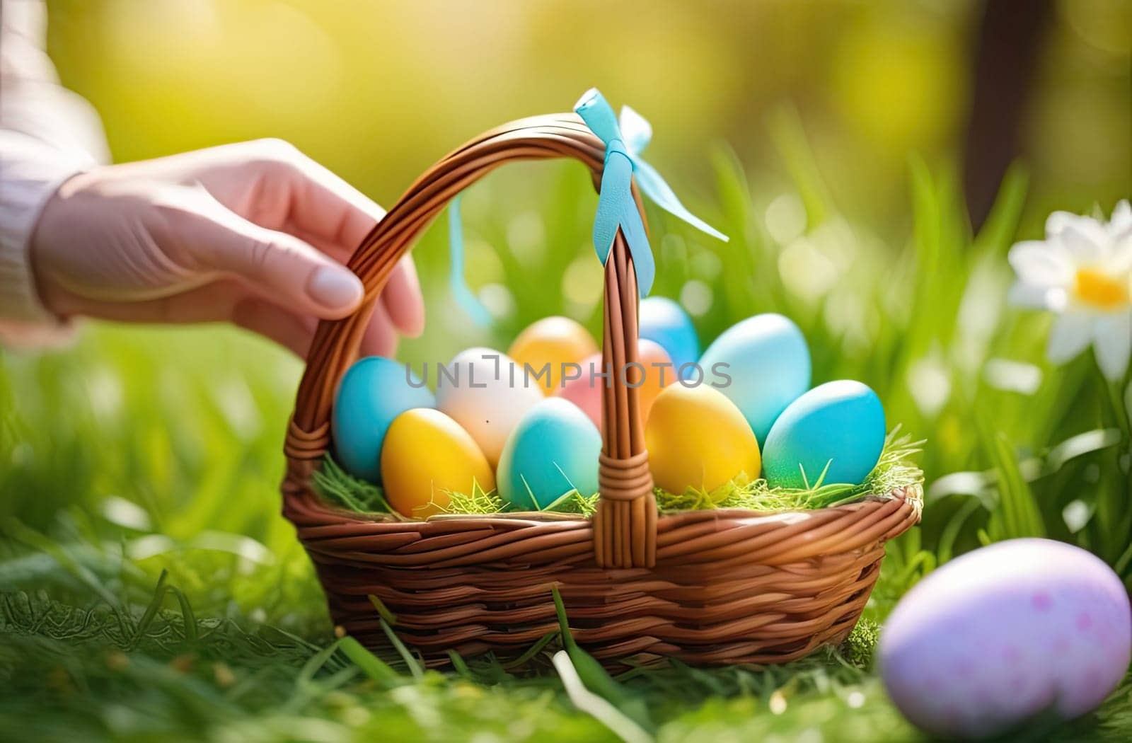 Easter concept. Egg hunt. Children's hands hold a wicker basket with multi-colored Easter eggs on the green grass in the park in the spring, setting sun. Close-up.