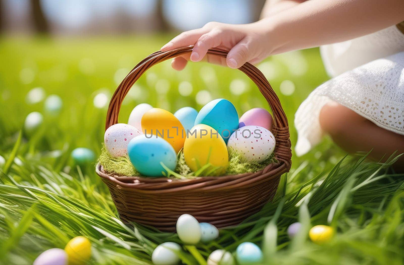 Easter concept. Egg hunt. Children's hands hold a wicker basket with multi-colored Easter eggs on the green grass in the park in the spring, setting sun. Close-up.