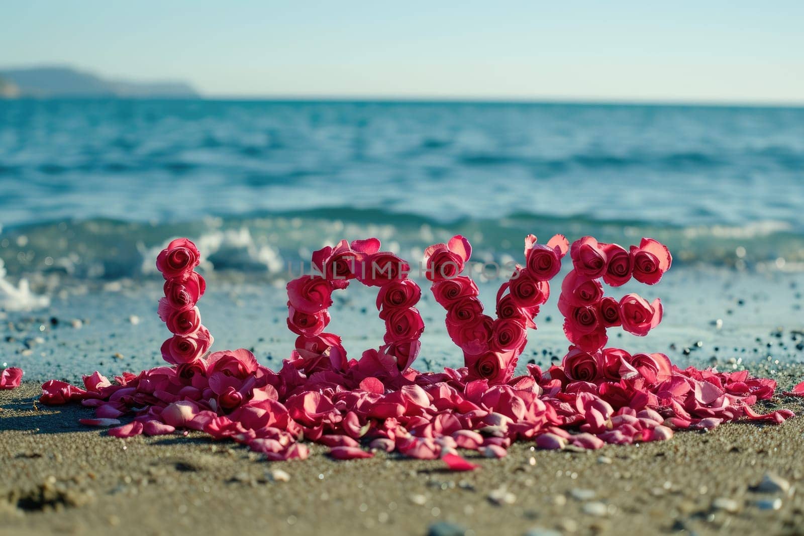 romantic beach of love rose petals on the coastline wide view pragma