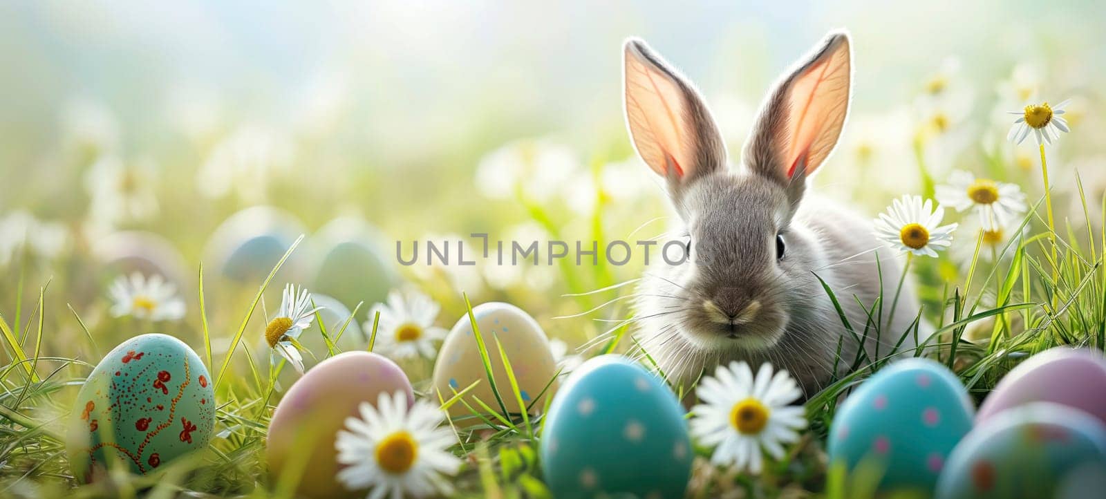 Easter Bunny with Decorated Eggs in Spring Meadow by andreyz