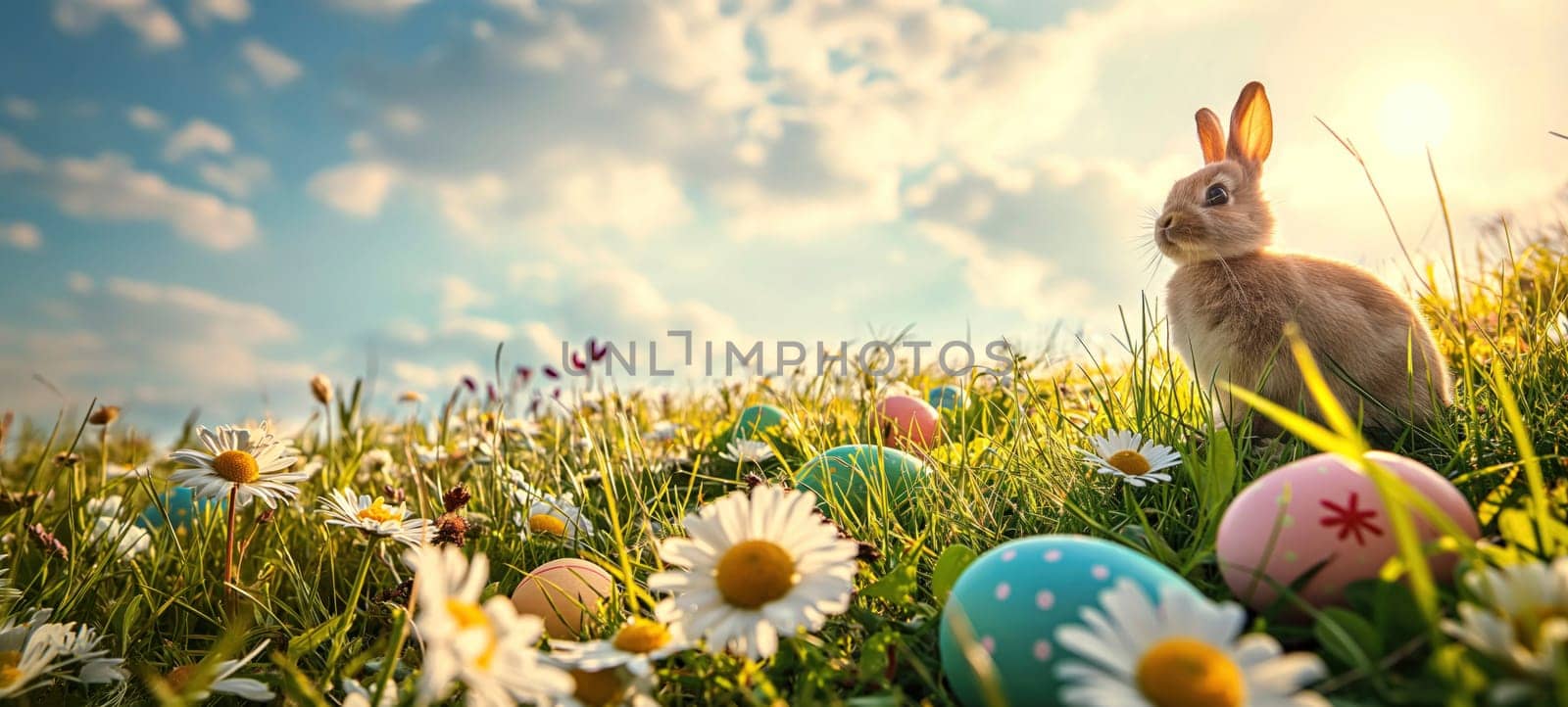 Bunny with Easter eggs in a sunny field