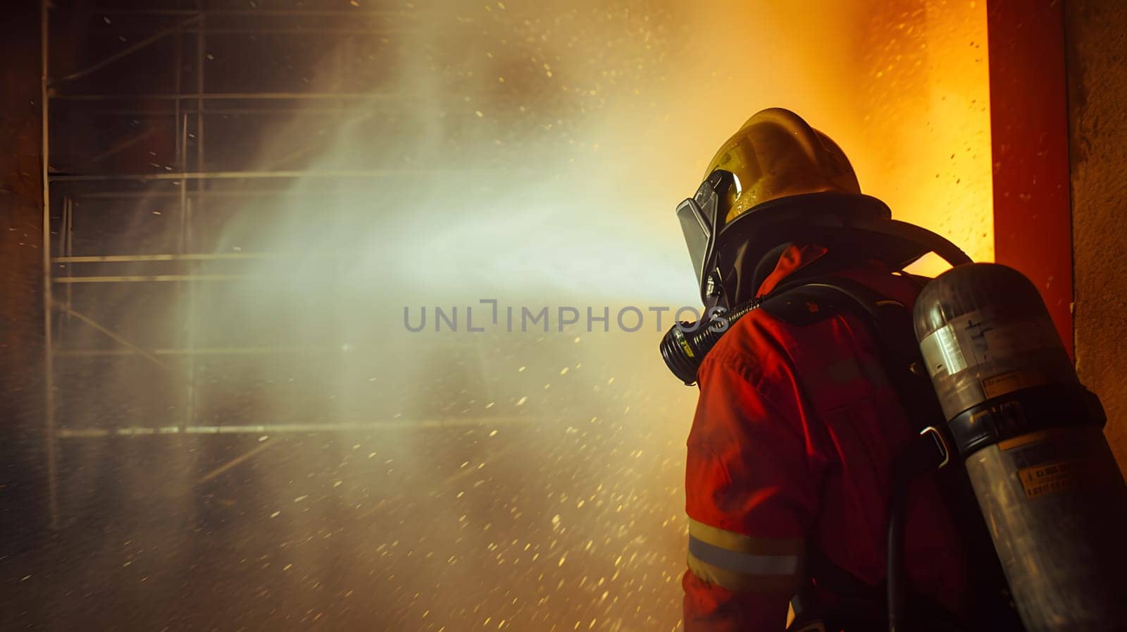 equipped fireman at work extinguishing fire, generative ai. High quality photo