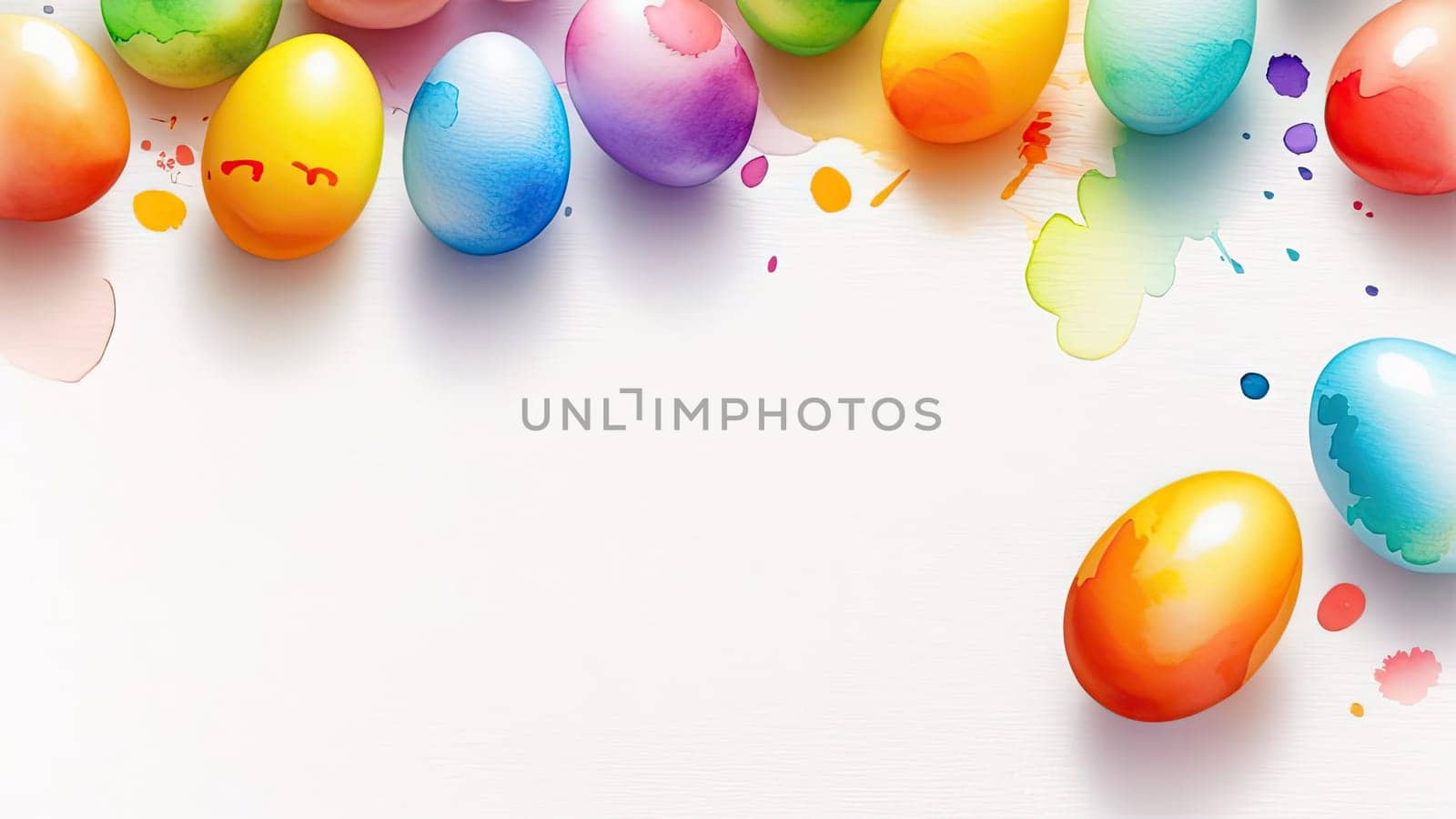 Easter concept, colorful Easter eggs on a white background, layout, top view. Painted with watercolors. Place for text. Copy space. Banner. Close-up