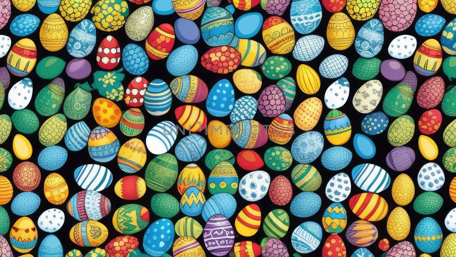 Easter concept, Background of colorful and bright Easter eggs. Lots of small painted eggs. Banner. View from above. Festive Easter background.