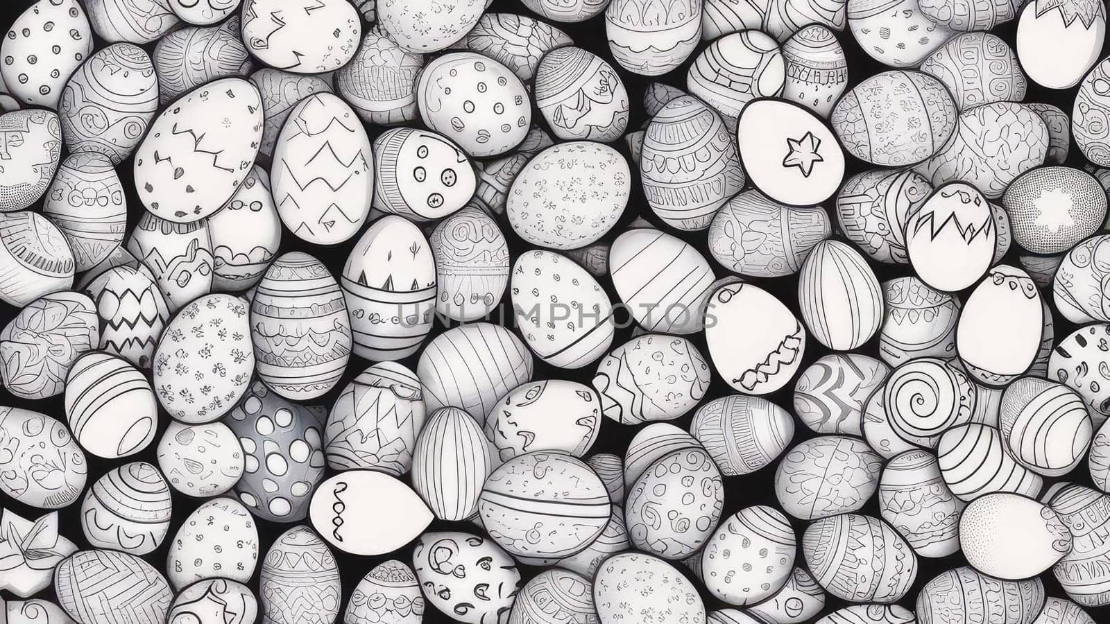 Easter concept, Background of black and white Easter eggs. Lots of small painted eggs. Banner. View from above. Festive Easter background.