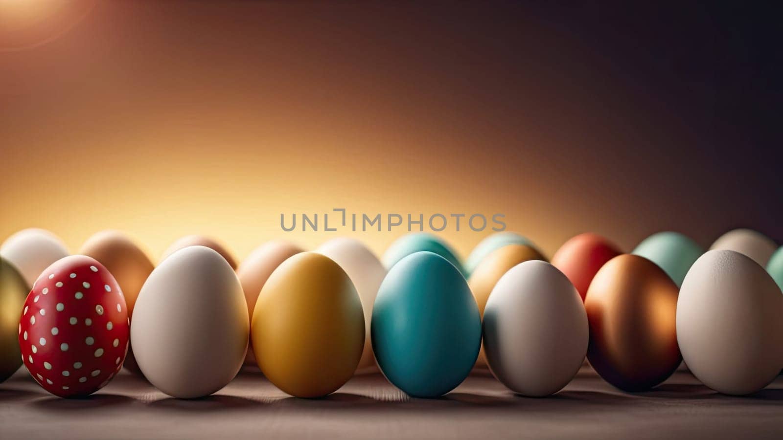 Easter concept, layout of colorful and bright Easter eggs on a dark background. Banner. Place for text. Copy space. Festive Easter background.