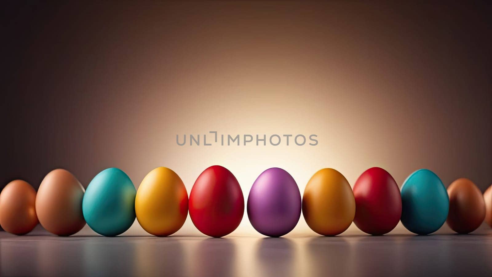 Easter concept, layout of colorful and bright Easter eggs on a dark background. Banner. Place for text. Copy space. Festive Easter background.