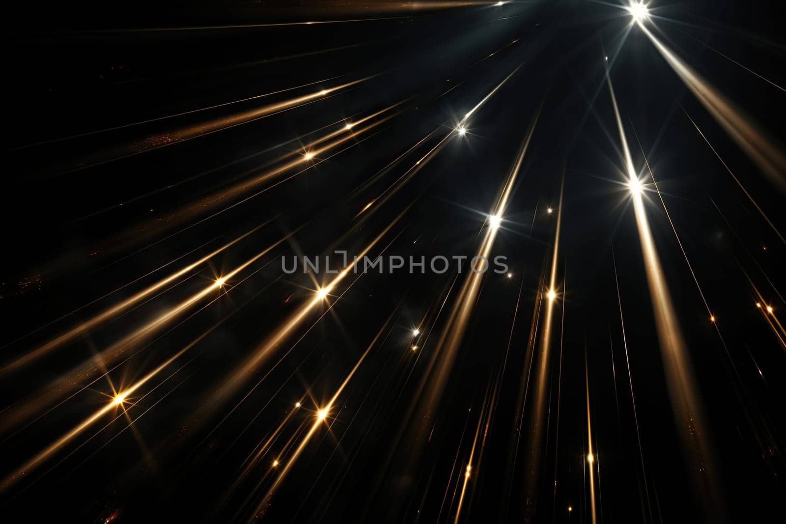 Elegant glowing golden lines, rays in the dark. Abstract luxury background.