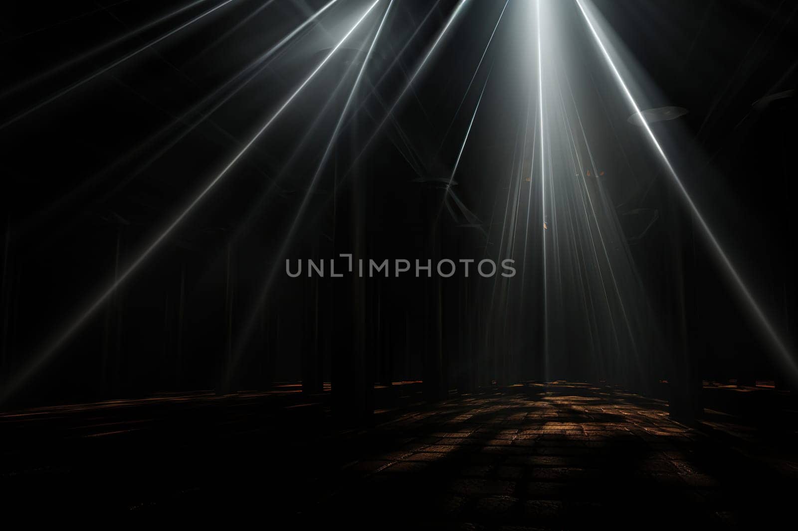 The dark surface is illuminated by bright white rays. Abstract background.