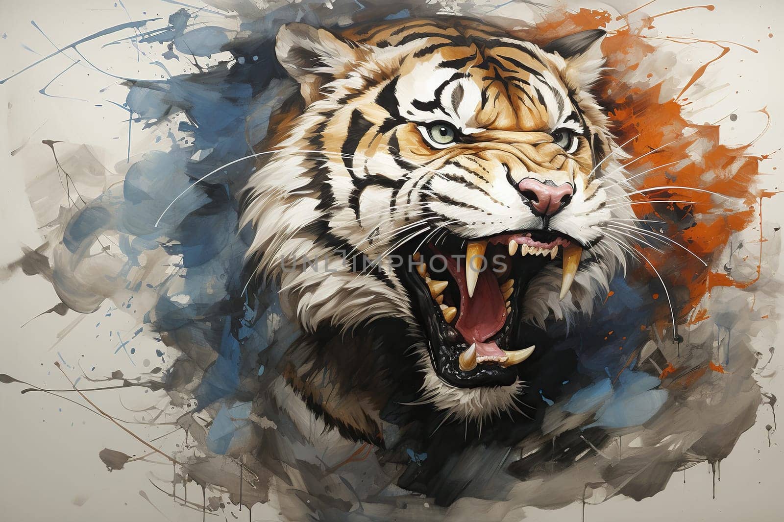 Mural, picture on the wall with a wild white tiger.