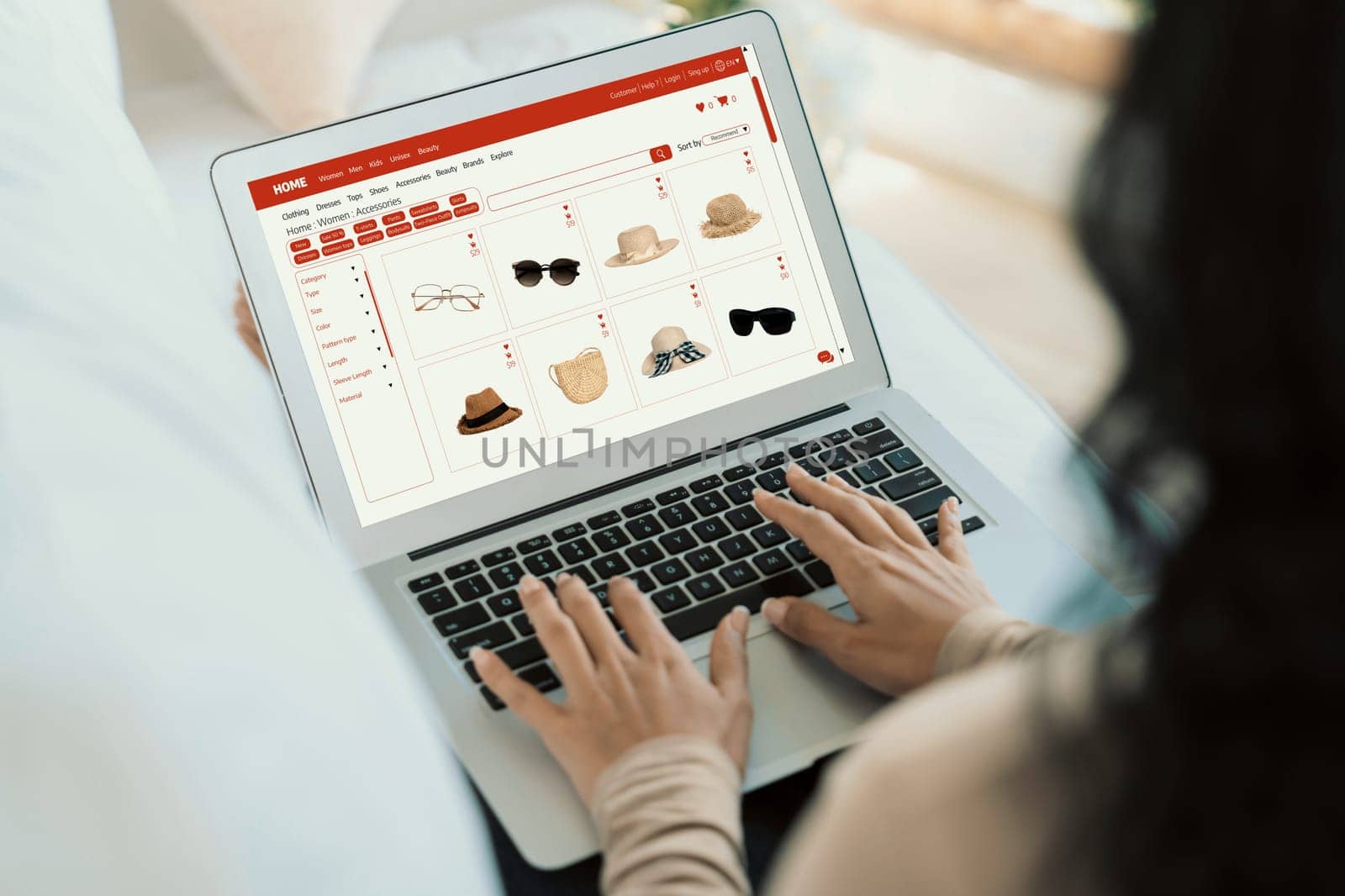 Woman shopping online on internet marketplace browsing for sale items for modern lifestyle and use credit card for online payment from wallet protected by crucial cyber security software