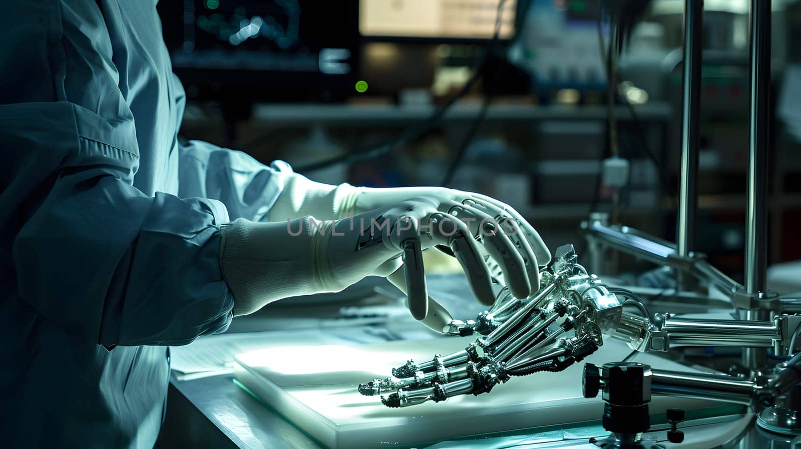 doctor scientist with an artificial arm, generative ai. High quality photo