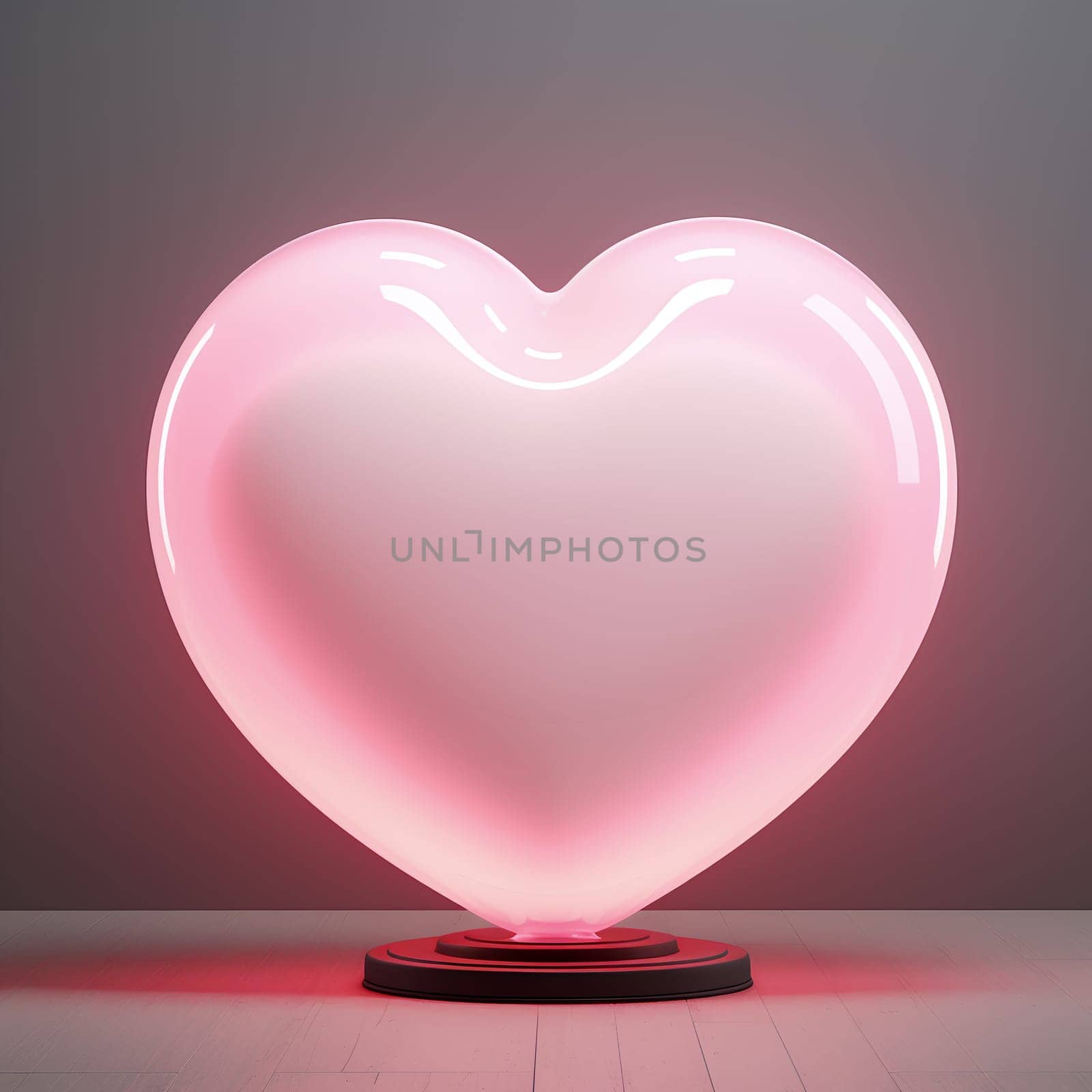 A luminescent, pink heart-shaped balloon casts a romantic glow in a dim studio, symbolizing love and celebration in a simple yet striking way - Generative AI