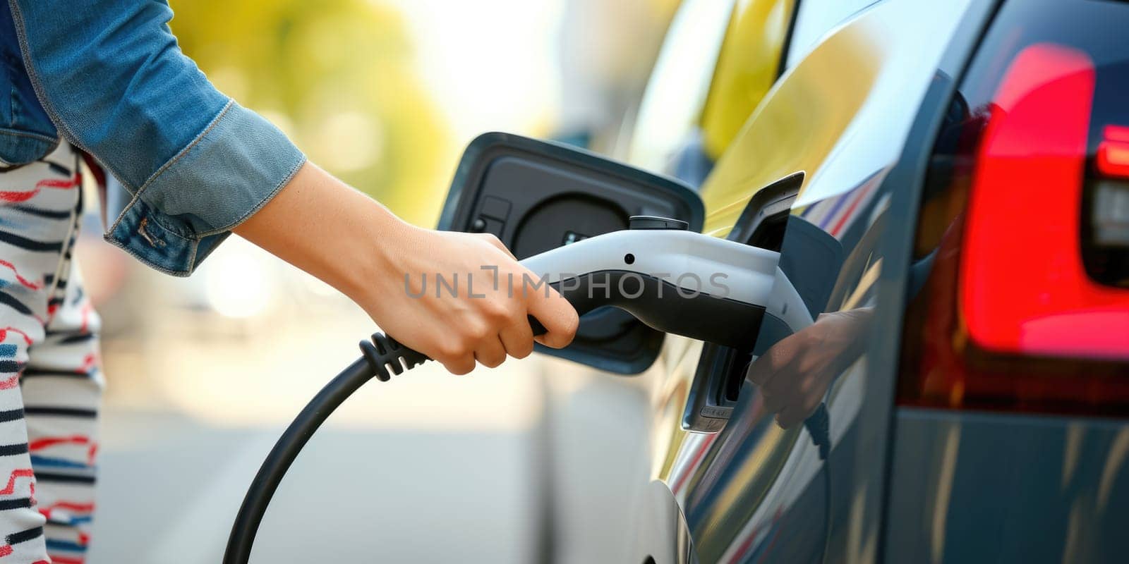 Young woman plugs charging gun in her electric car comeliness by biancoblue