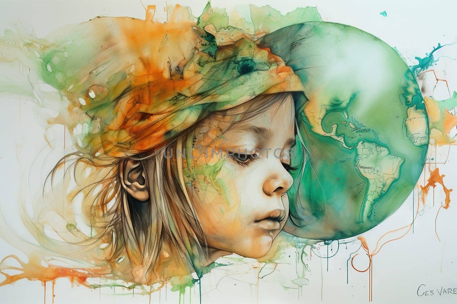 A watercolor painting of a young child with a serene expression, cradling a stylized globe with vibrant splashes of color - Generative AI