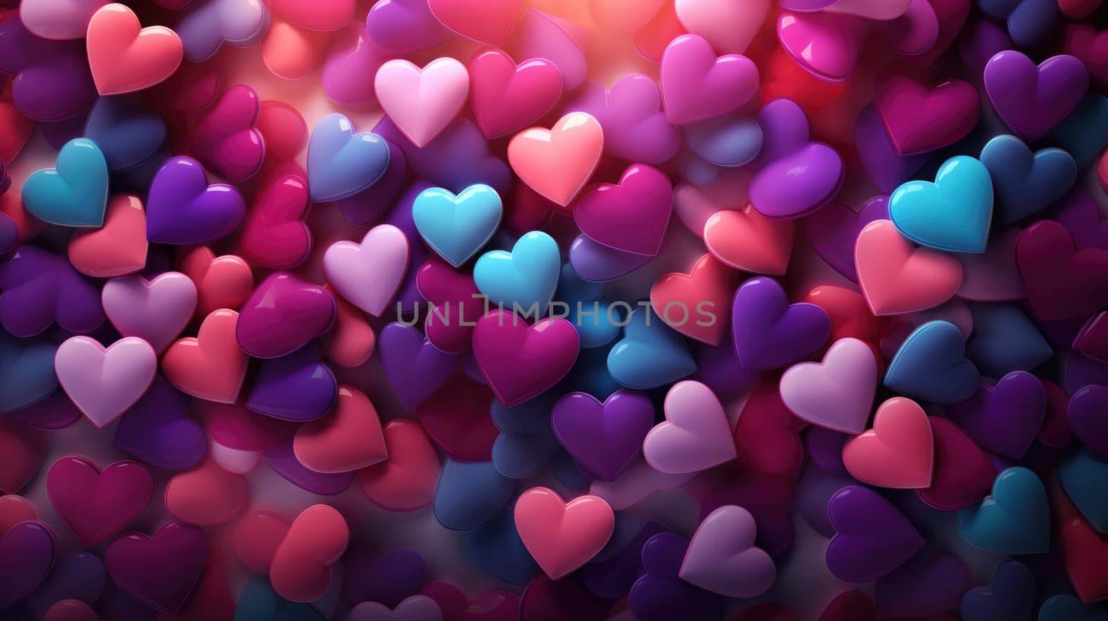 Pink, blue and purple heart shaped candies on pink background. Pile of heart pebble, stone. Valentine's day. Heart shape of pebble on small peddles