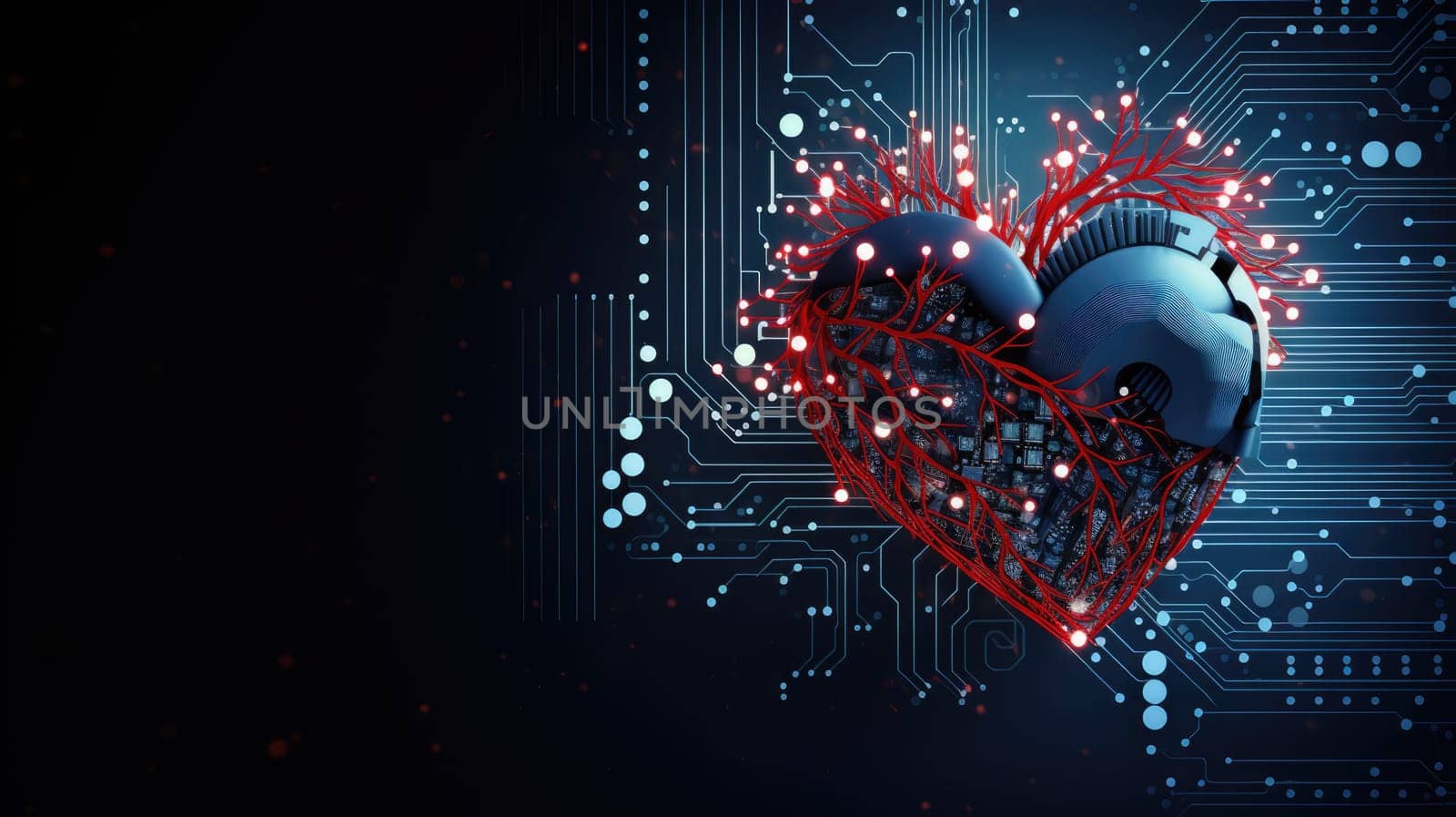 Mechanical heart in pieces on dark background. Android heart, robotic love. Breakup concept separation and divorce