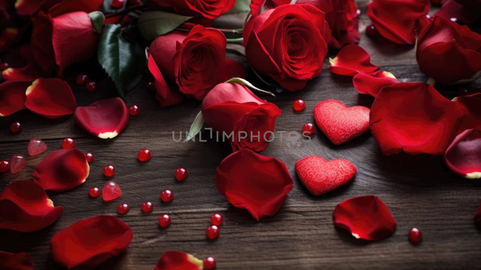 Valentine's day romantic gift, bouquet of red roses on wooden background. Greeting card