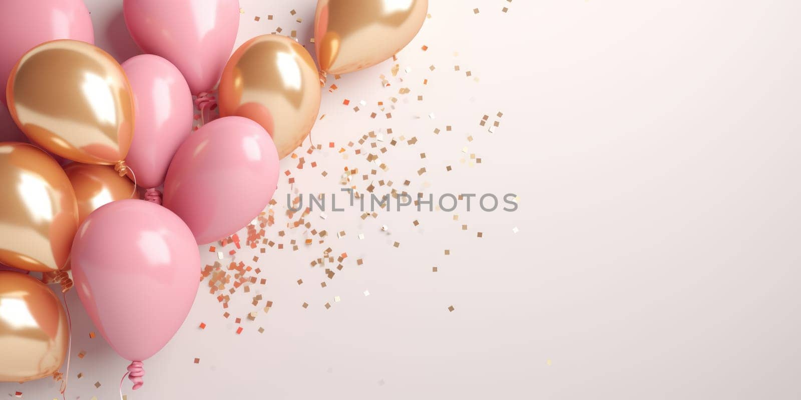 Pink and gold air balloons on white background. Concept wedding, valentines day, photo zone, lovers, birthday. Banner