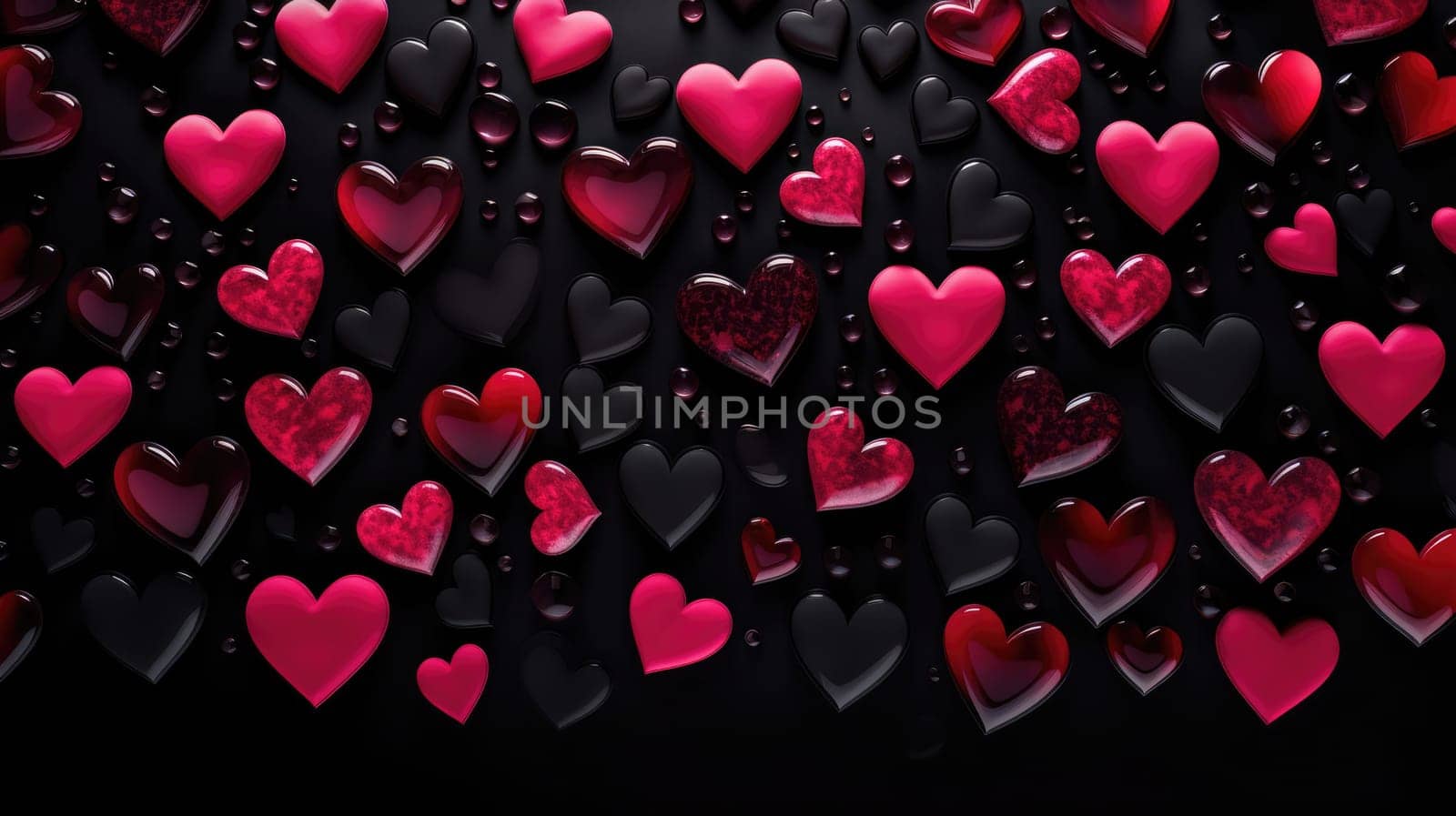 Pink and black heart shaped candies on black background. Pile of heart pebble, stone. Valentine's day. Heart shape of pebble on small peddles