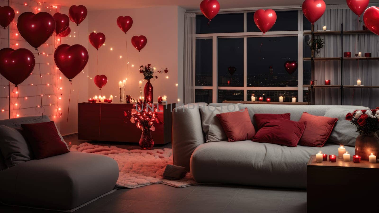 Interior of festive room decorated for Valentine's Day with air balloons, flowers and candles.