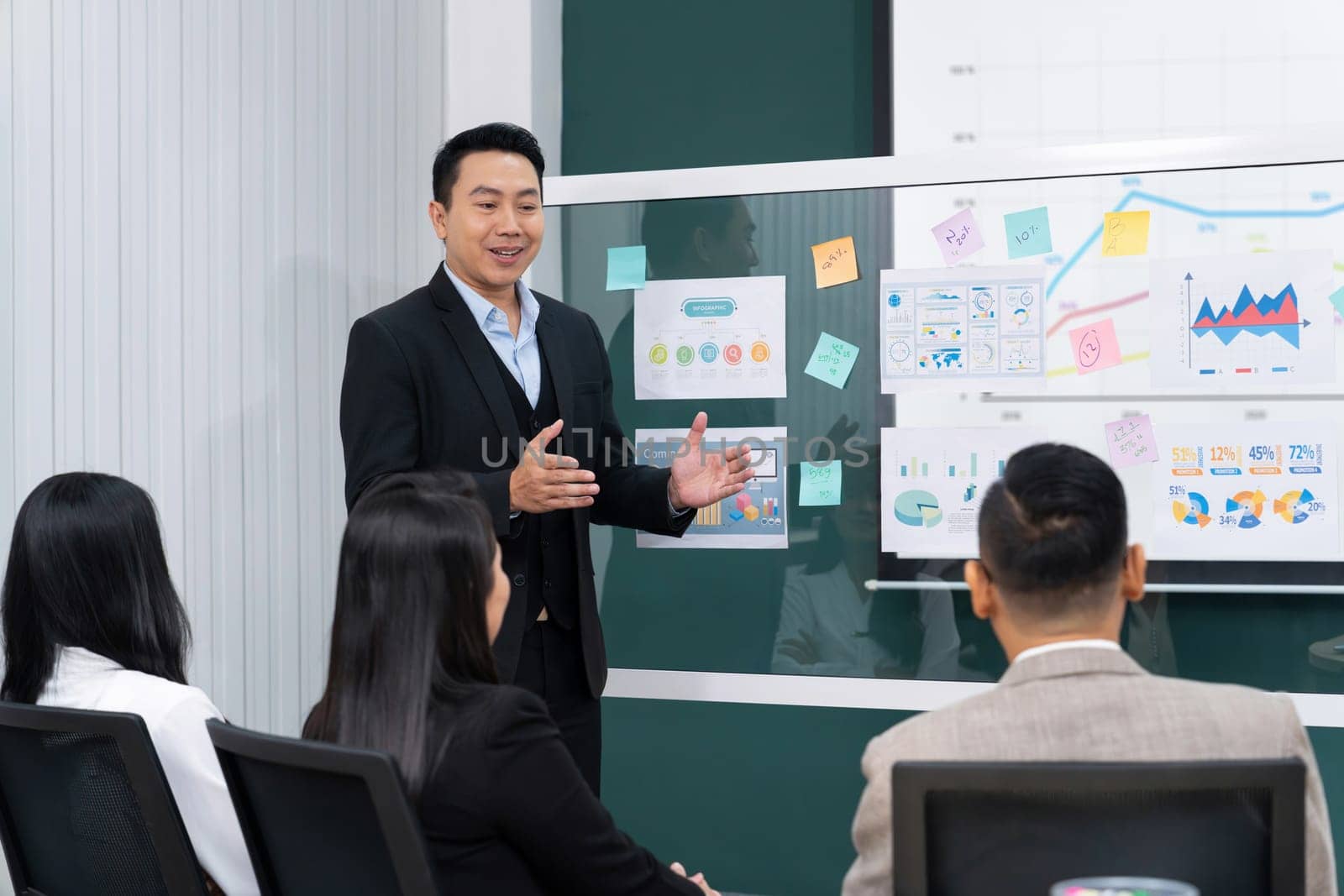 A businessman leader presenting growth Statistics with confident in front of glass whiteboard rounded by female colleagues listening data analyst. Office Conference room meeting. Intellectual.