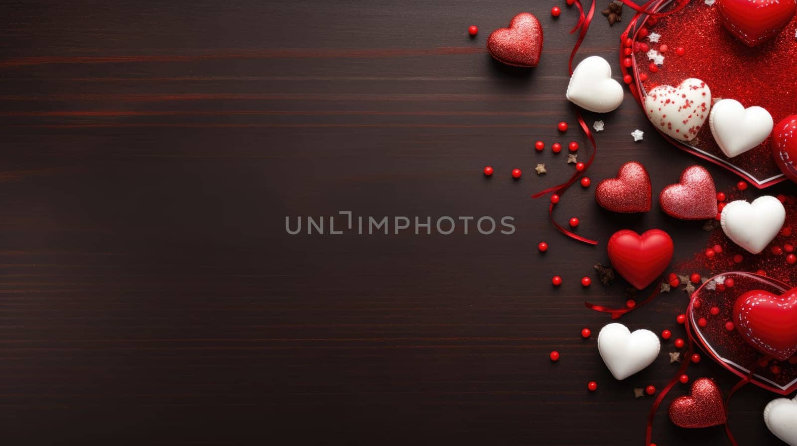Valentines day heart shaped sweets on red background. Top view with copy space. by JuliaDorian
