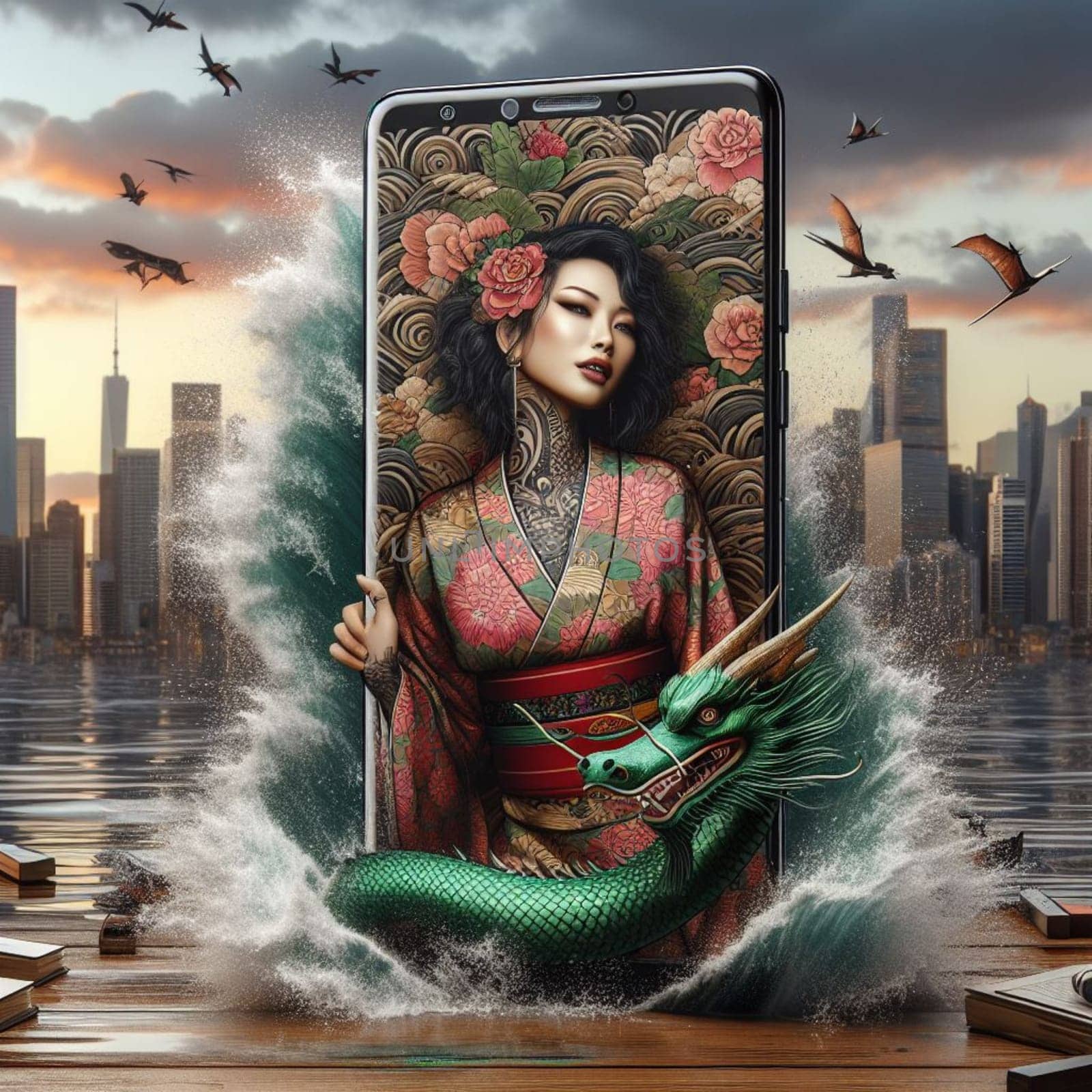 traditional woman wear dress city skyline sunset chinese dragon year out mobile phone screen on desk by verbano