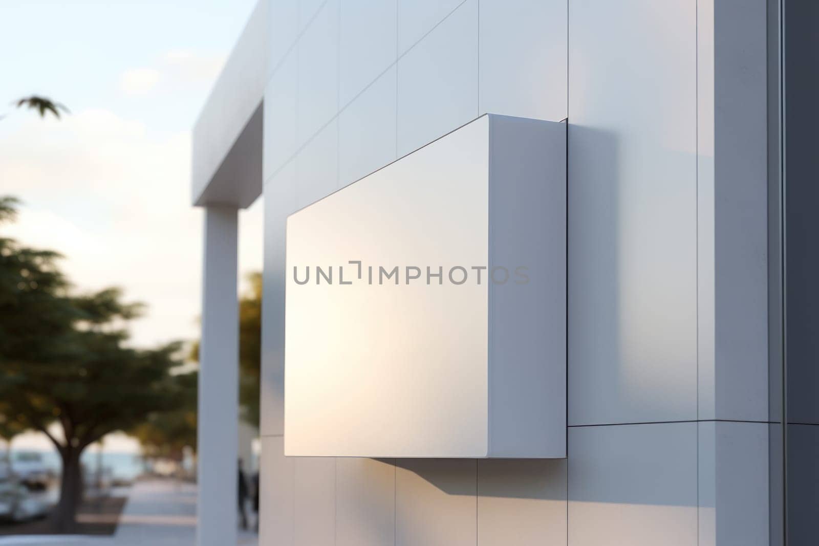 Modern white facade sign logo mockup and no logo perspective view. Generative AI.