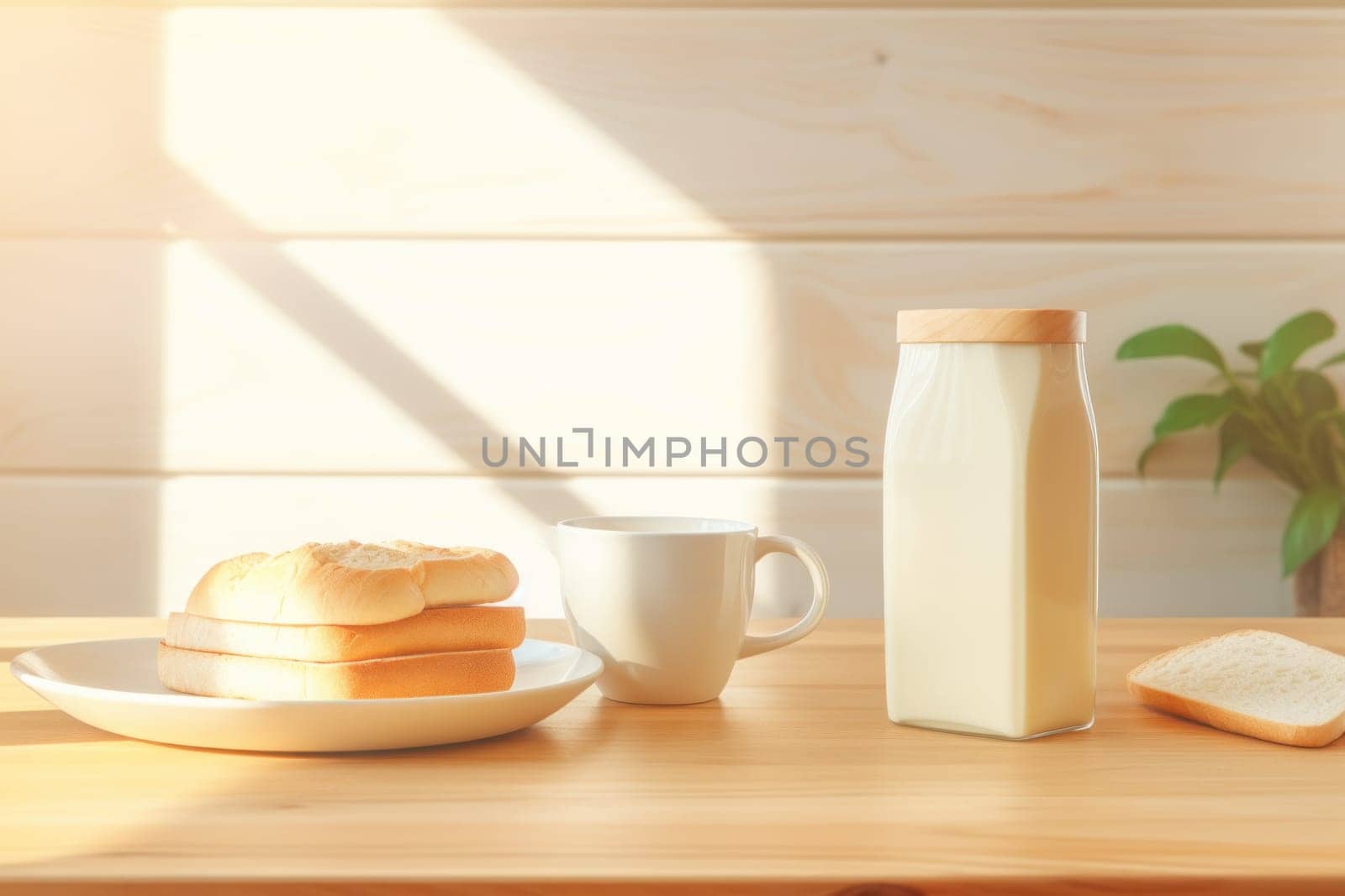 Wooden table with bread soy milk soy milk bags style bright kitchen background. Generative AI.