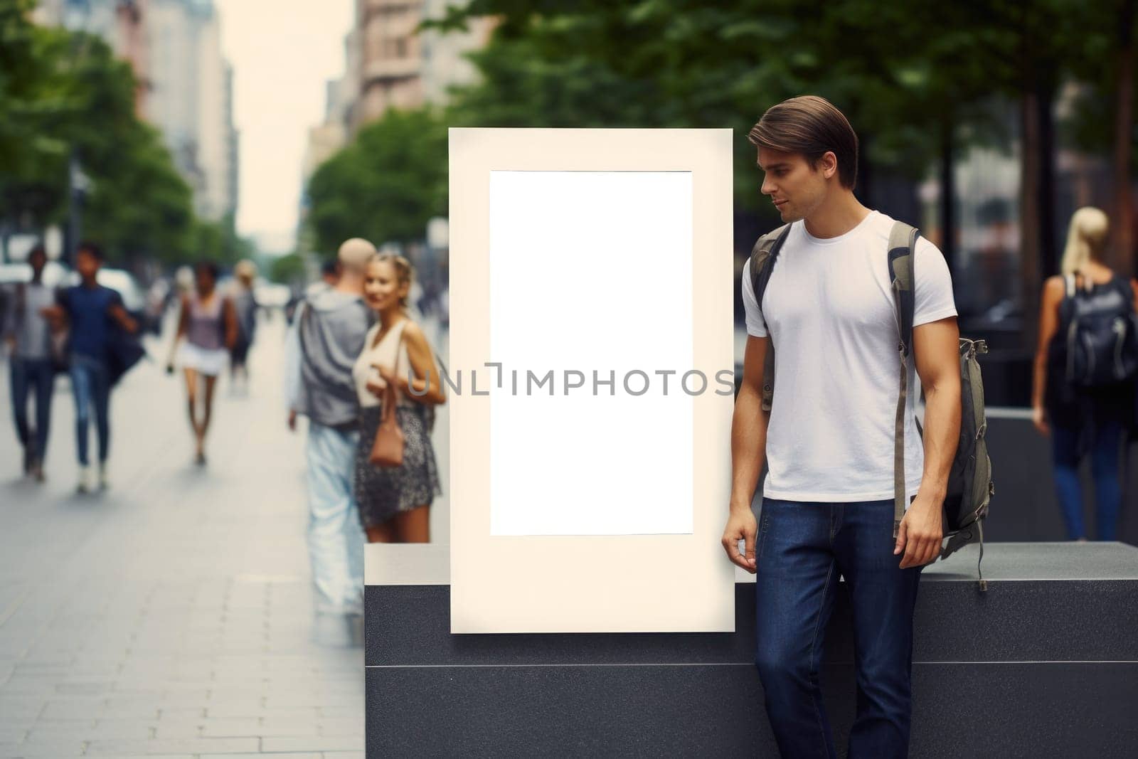Blank digital signage screen in a public place, ideal for customization. Generative AI.