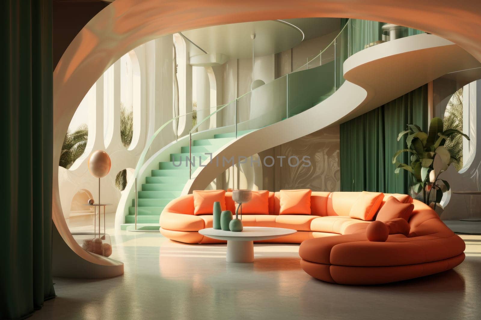 Abstract interior contemporary architecture visualisation gentle curves forming the walls. Generative AI.