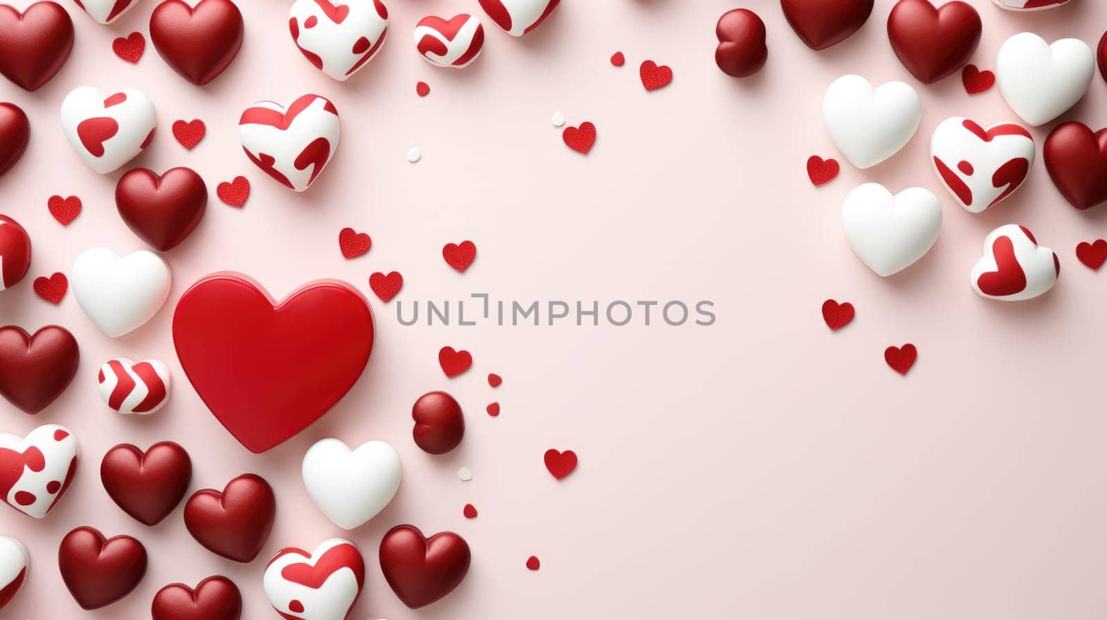Valentines day heart shaped sweets on red background. Top view with copy space