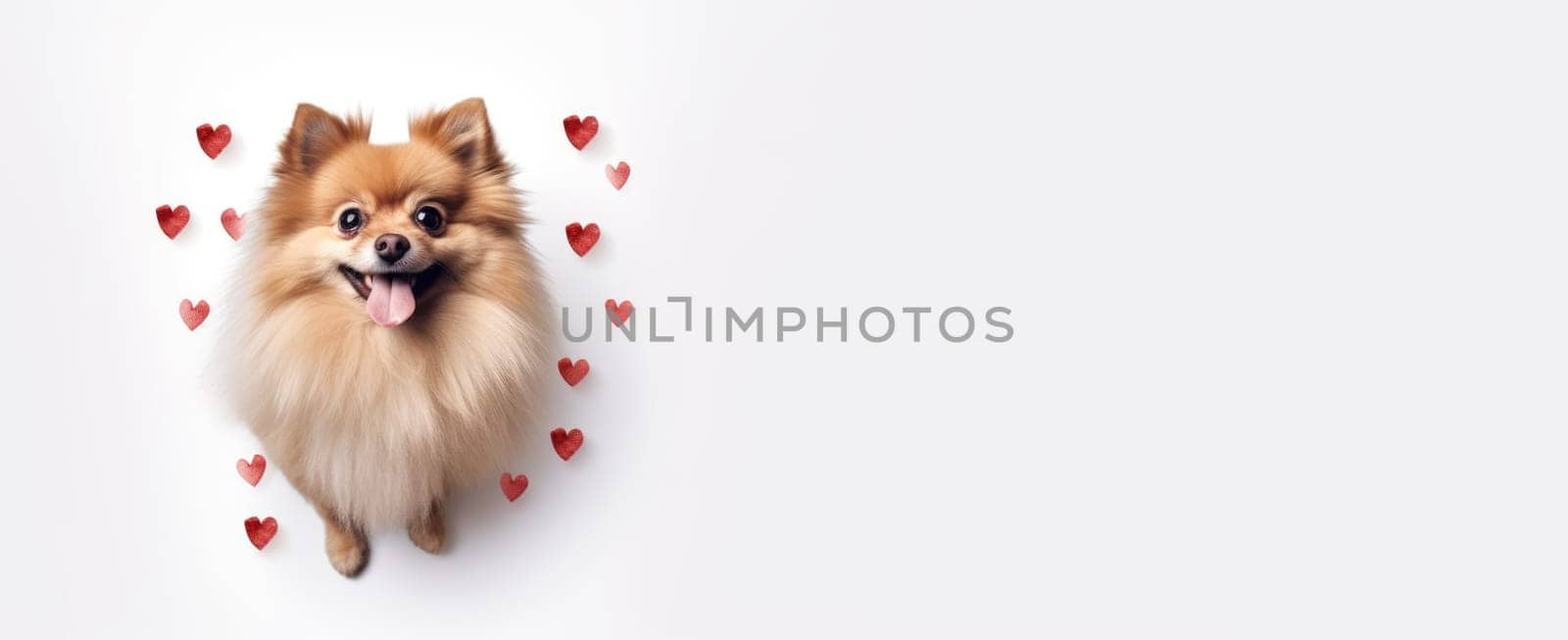 Happy cute small dog with red hearts on white background celebrating Valentine day. Valentine's day, birthday, mother's, women's day, holidays concept