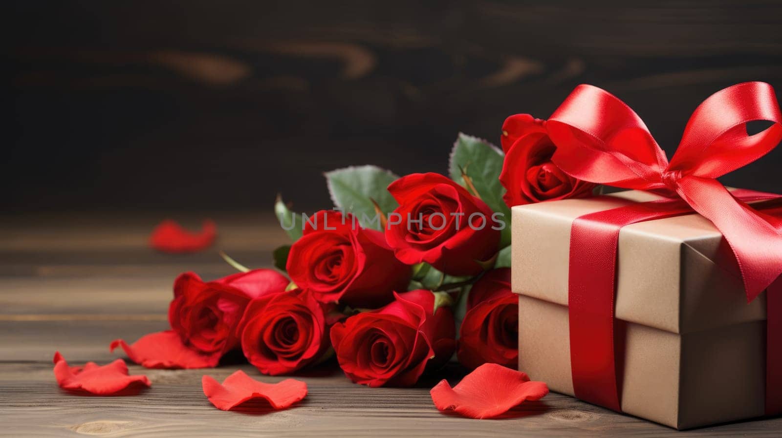 Valentine's day romantic gift, bouquet of red roses on wooden background. Greeting card. by JuliaDorian