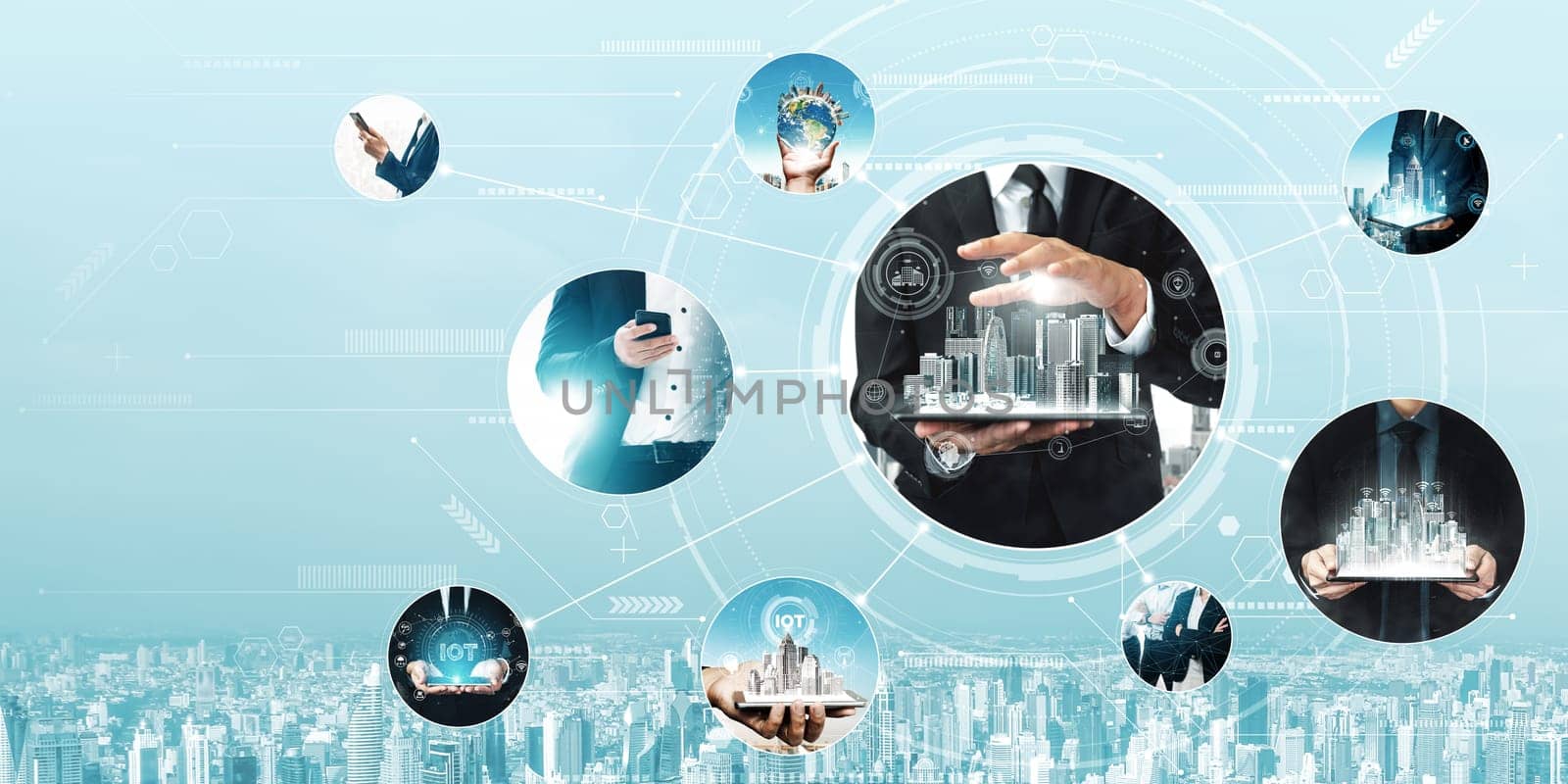 Communication technology , smart connection IOT and people network technology concept. People using connective device to connect to the secured internet network and cloud computing server vexel