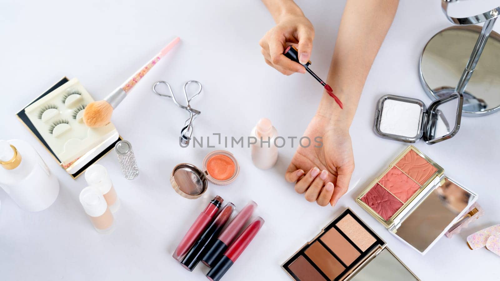 Close up top view image of beauty influencer shoot uttermost marketing video by biancoblue