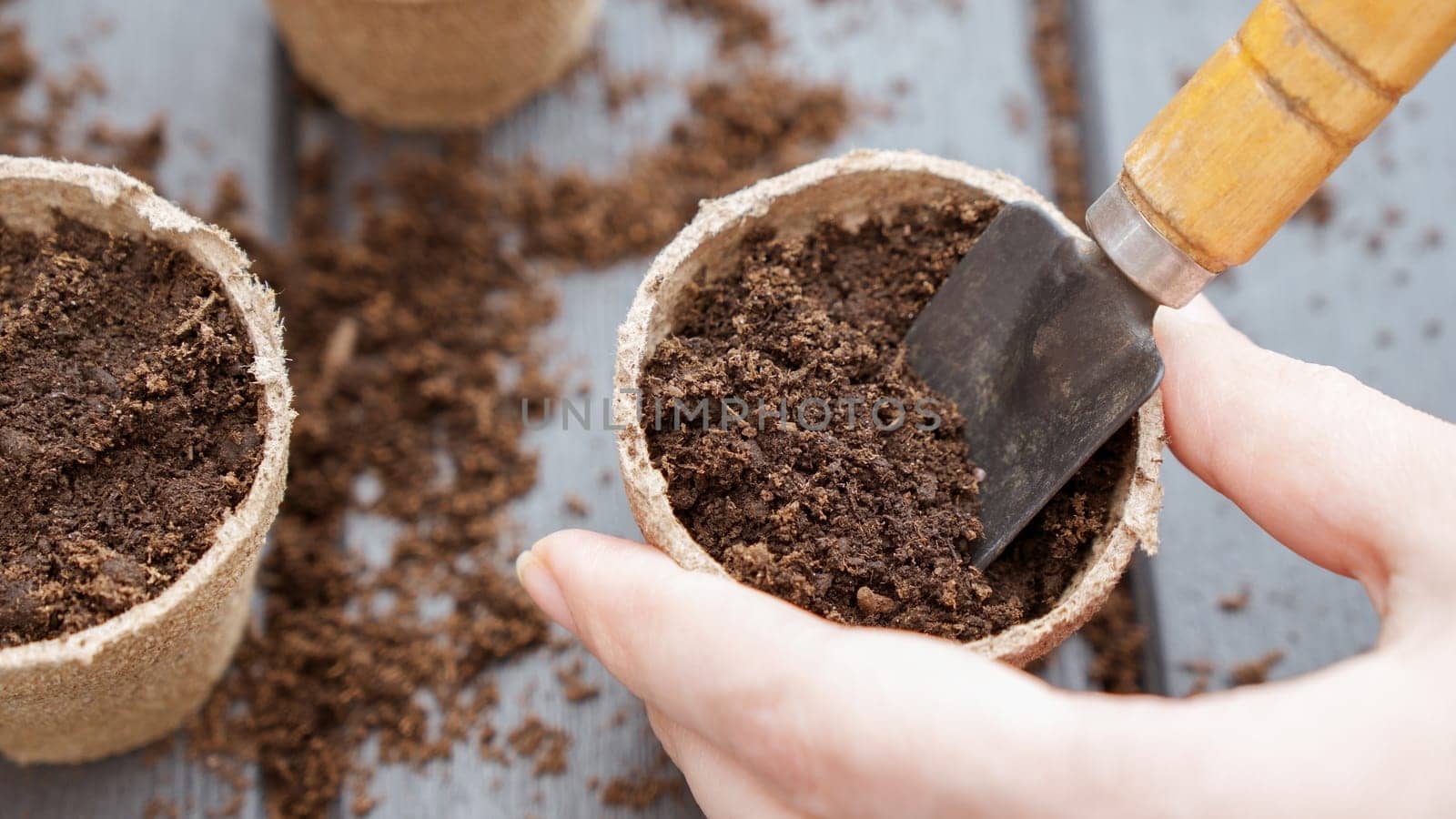 Close up of hand planting a seed in eco friendly biodegradable peat pots, top view, selective focus. Spring natural gardening, eco, plant care, organic product by JuliaDorian