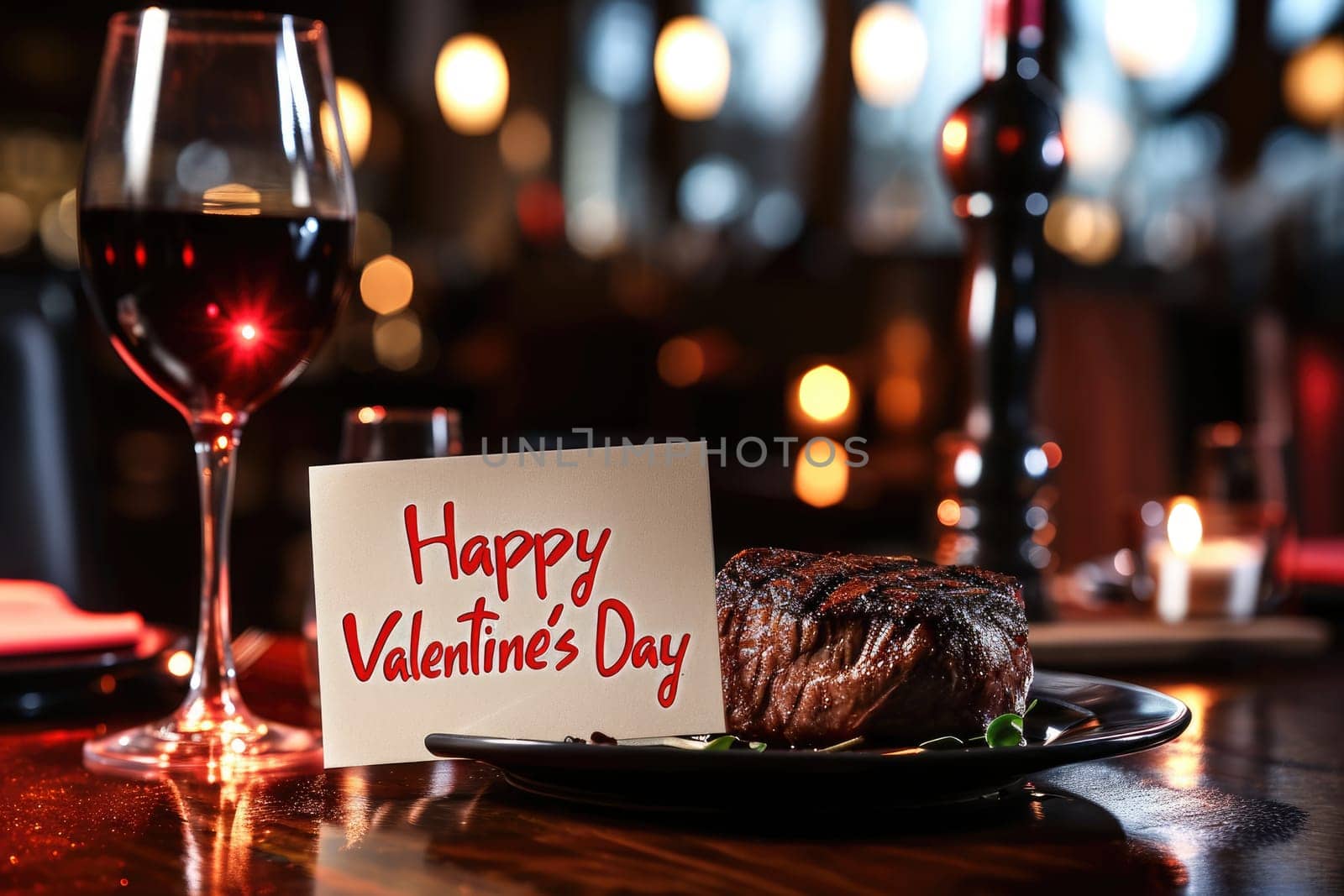 Valentines Day luxurious dinner of steak and wine in restaurant pragma by biancoblue