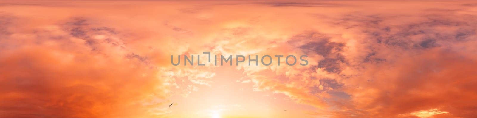 Sunset sky panorama with bright glowing pink Cumulus clouds. HDR 360 seamless spherical panorama. Full zenith or sky dome in 3D, sky replacement for aerial drone panoramas. Climate and weather change. by Matiunina