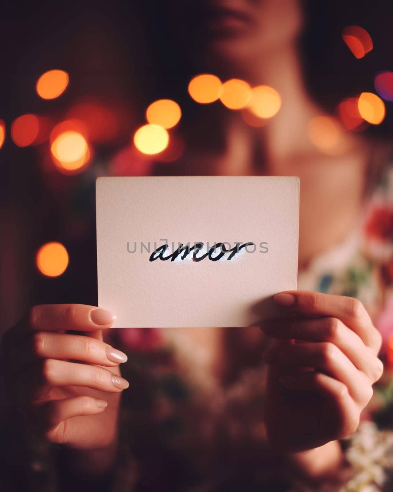 female hand holding a sign with spanish word amor or love , bokeh background lights, valentines concept generated ai art