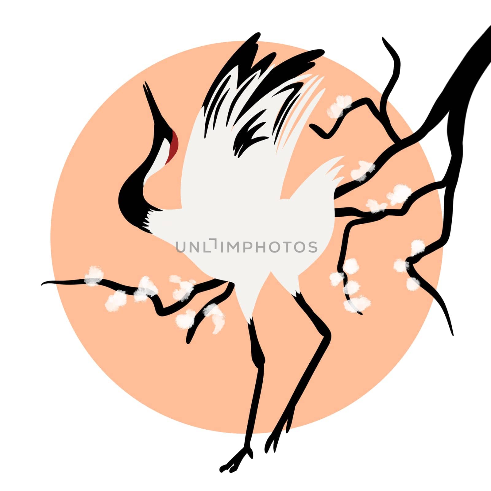 Hand drawn illustration of japanese crane heron bird on peach fuzz orange sun with sakura flowers branch. Art asian nature symbol traditional print, spring festival celebration art, east oriental vintage retro design