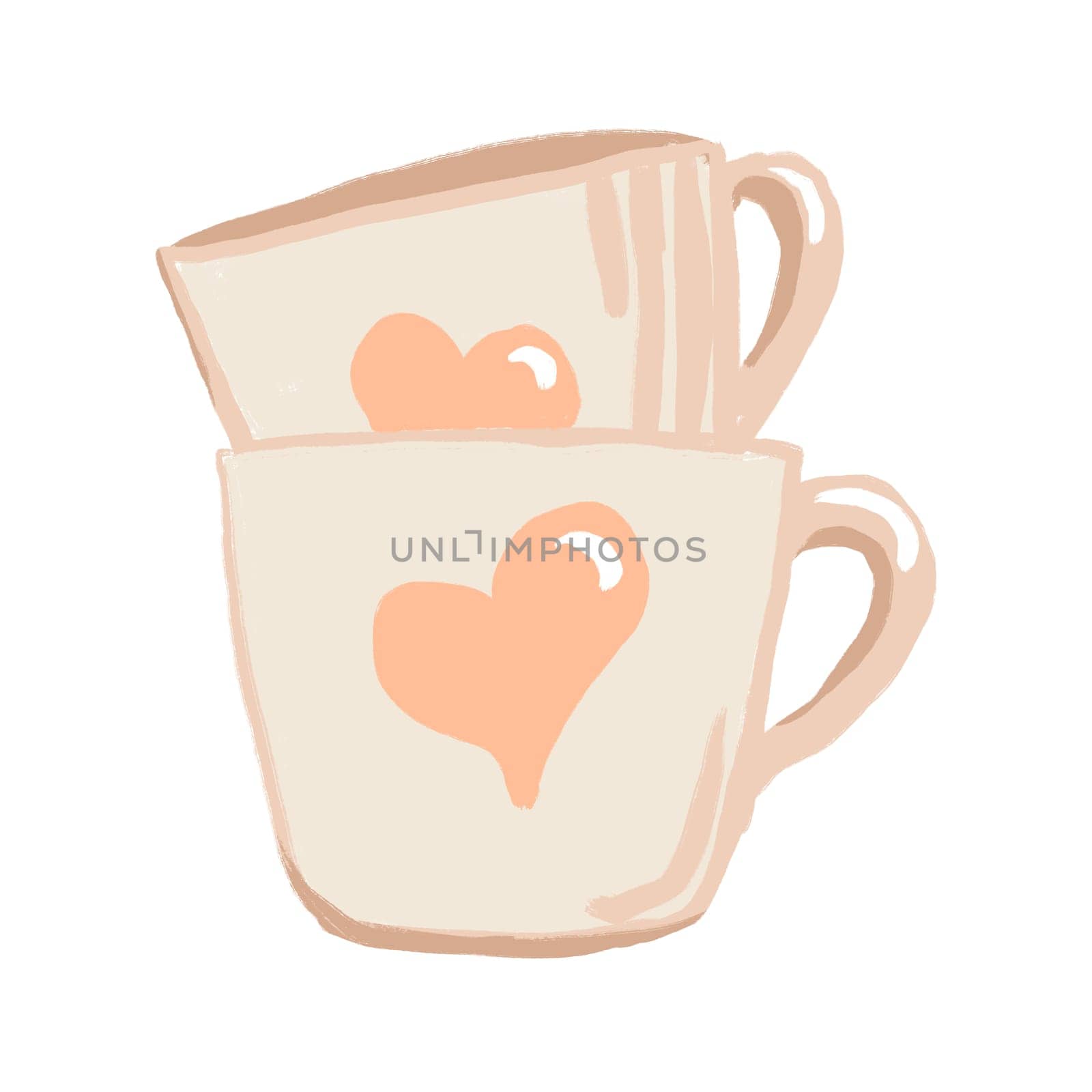 Hand drawn illustration of two coffee cups with orange hearts. Valentine day gretting card, warm beverage romantic concept, sweet cafe dring mug, art background for invitations menu hot tea break. by Lagmar