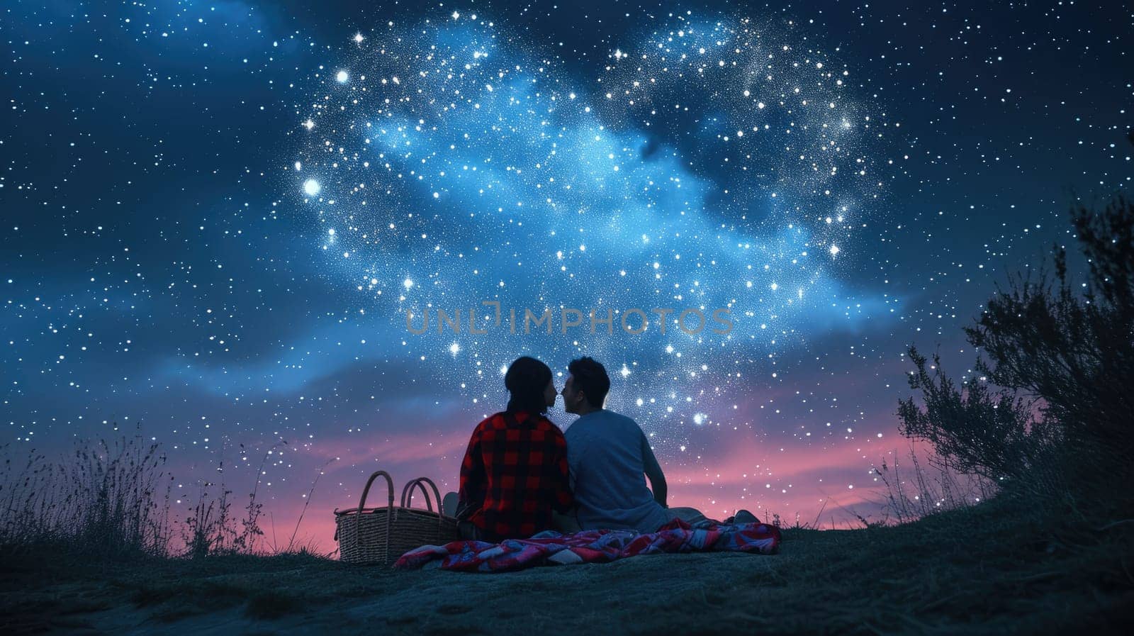 two lovers romantic night couple looking at stars in the sky sitting on green grass field , ultra wide, pragma