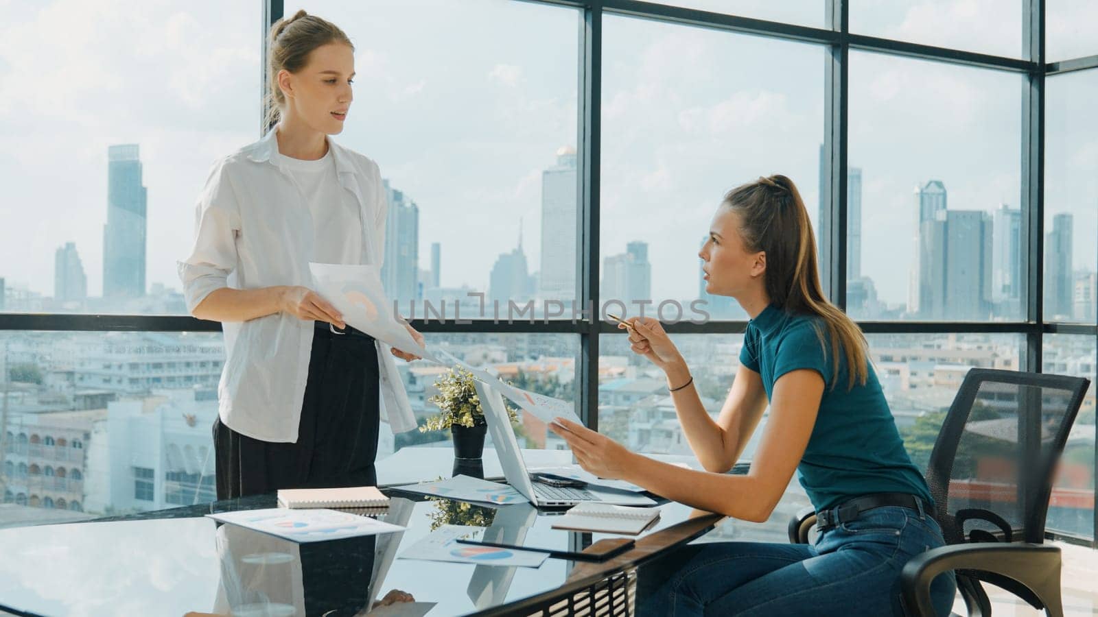 Smart businesswoman present start up project while executive manager listen carefully. Professional business team working together, sharing, discussing, thinking about business idea. Tracery