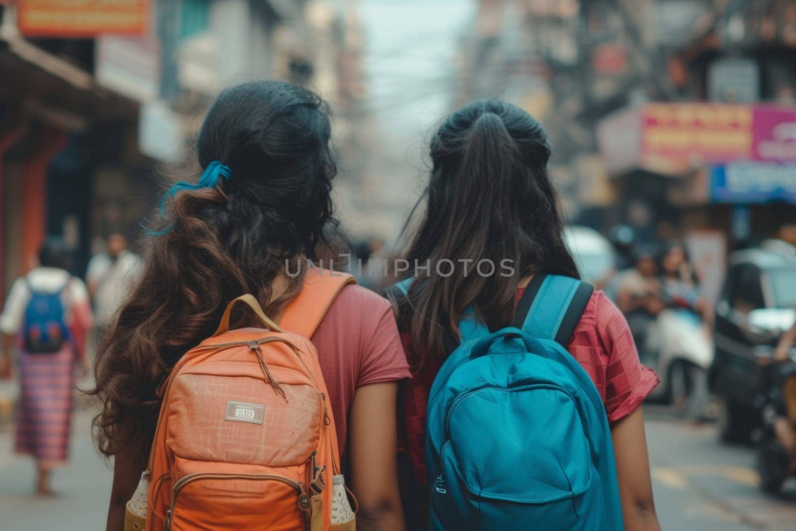 Rear view portrait of two teenage Indian Girls walking with a backpack through the city downtown.